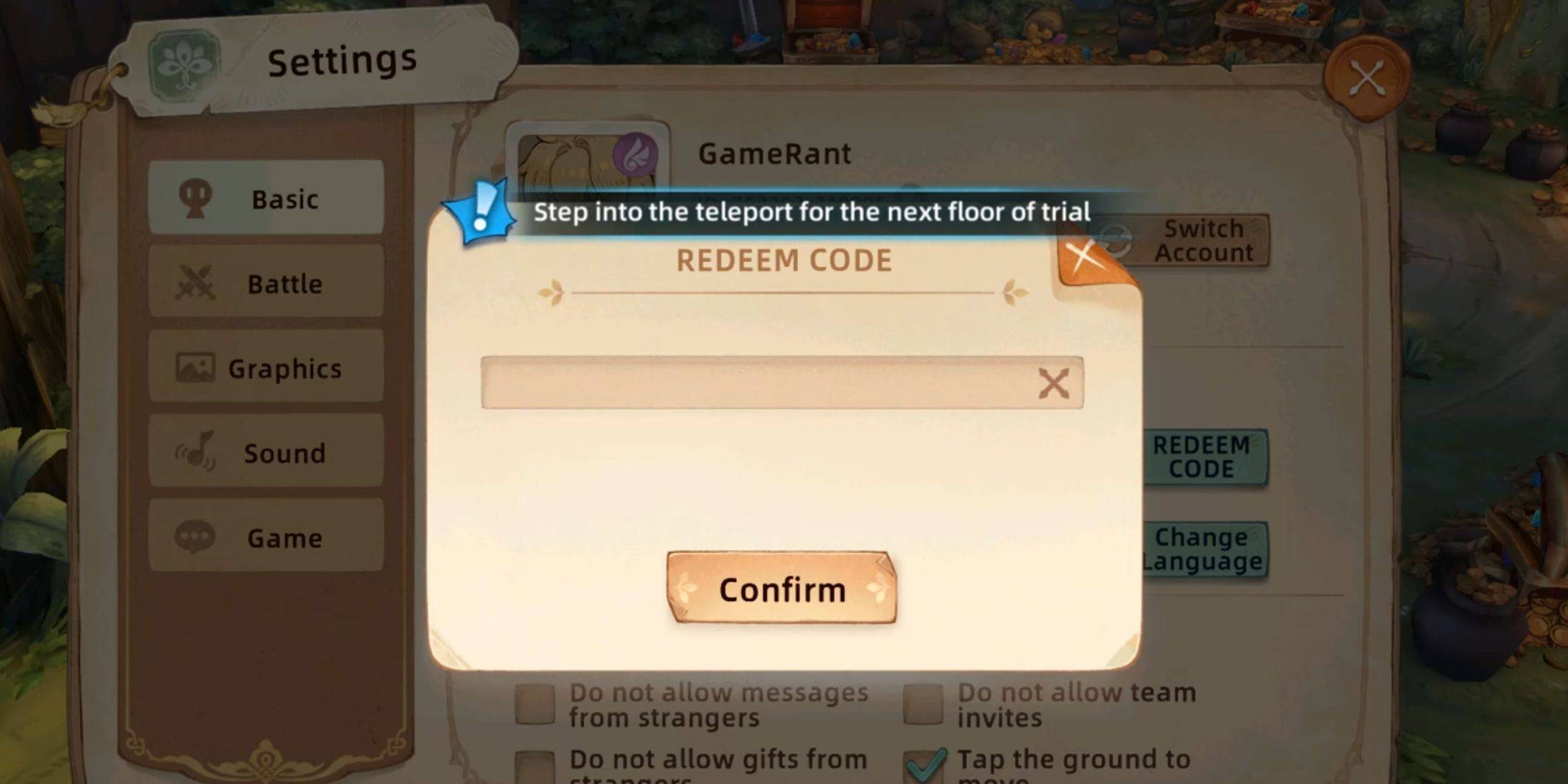 Image: Code Redemption Screen