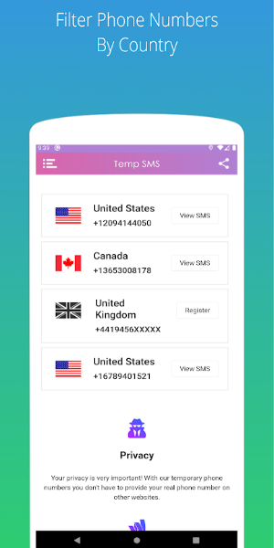 Temp SMS - Temporary Numbers Screenshot 1