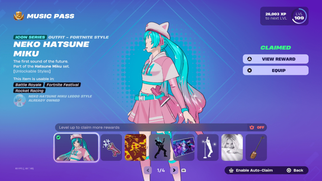 Fortnite Festival 시즌 7 음악 패스의 Neko Hatsune Miku 스킨