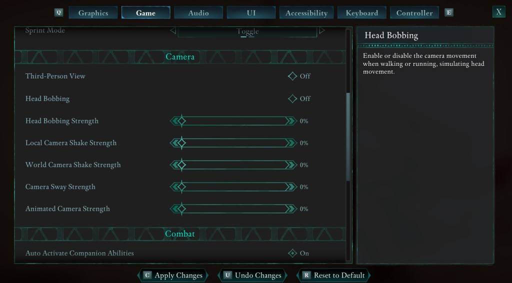 Avowed settings menu showing camera options for reducing motion sickness