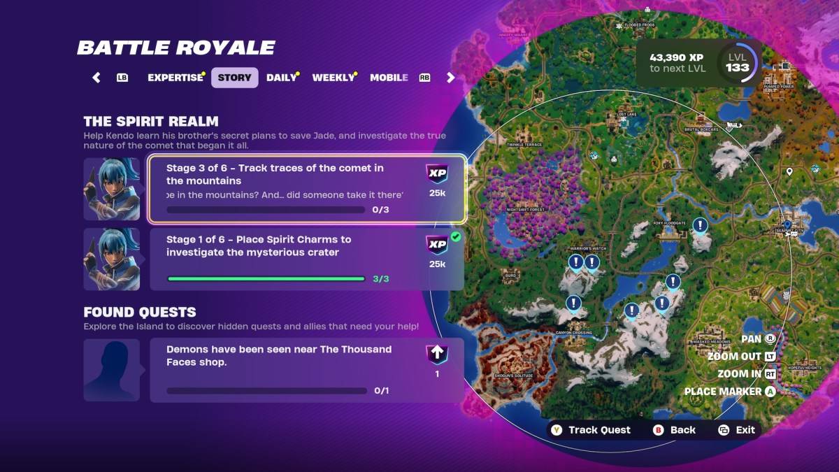 Les emplacements des cartes pour les traces de la comète à Fortnite.