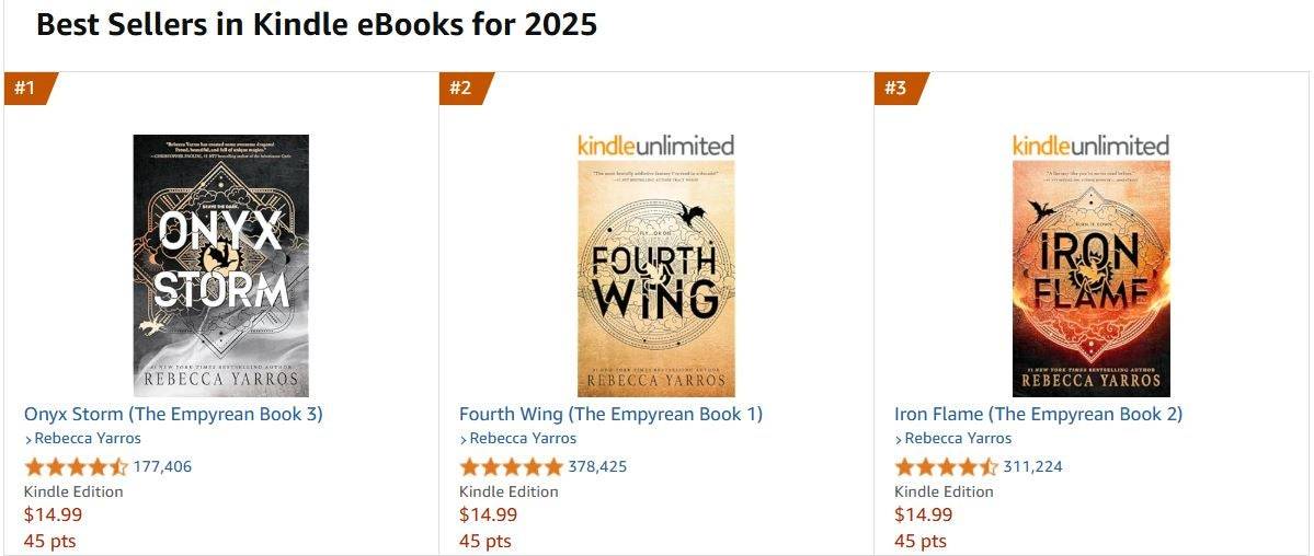 'Fourth Wing'이 2025년 아마존 킨들 베스트셀러 1위 차지