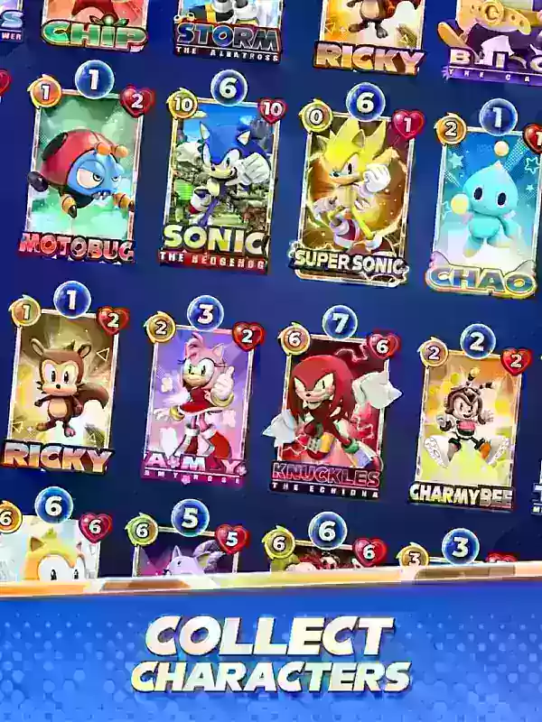 큰 스크린 샷에서 Sonic Blitz의 카드 선택, Sonic 및 Amy와 같은 캐릭터를 보여줍니다.